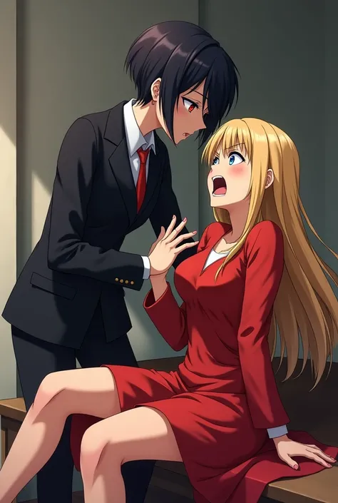 1 anime girl with short black hair and sharp red eyes with angry features wearing a black suit and doing. Another girl wearing a red dress, 1, sitting on the table, screaming in fear, she has long yellow hair and blue eyes. 