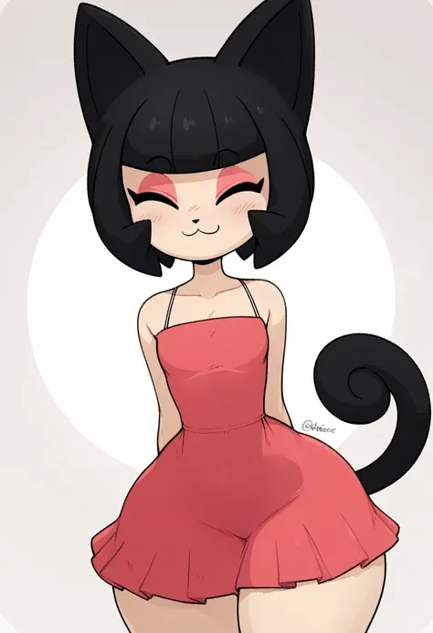 Pokemon  furry cat humanoid , dress ,wide hips  , eyes close ,mod face, pokémon style