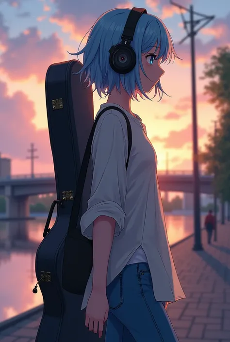 A anime girl carrying guitar cover and wearing headphones with bluish short kurti 
and jeans with black 
long hairs casually walking on street near the river realistic 
in beautiful evening time the side view 
