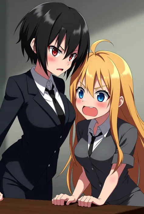 1 anime girl with short black hair and sharp red eyes with angry features wearing a black suit and doing. Another girl wearing a red dress, 1, sitting on the table, screaming, with long yellow hair and blue eyes. 