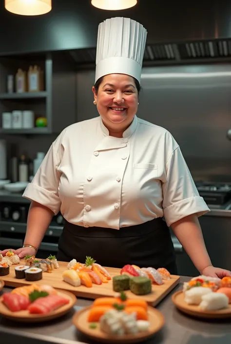 a plump woman in a chef&#39;s outfit stands near a table with sushi, Realistic photography