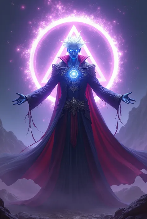 Crie Malakar, the Divine Demon God, with her light blue skin, cold and radiant, which contrasts with the brightness of the purple light that surrounds it. His spiky white hair seems to float in the air, as if they were part of his colossal energy aura. His...