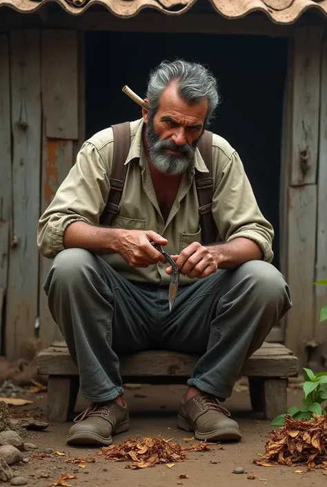 a man sitting on a makeshift ladder with a tobacco rolled up in his ear with a knife in his hand cutting tobacco in front of a house
