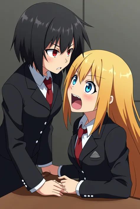 1 anime girl with short black hair and sharp red eyes with angry features wearing a black suit and doing. Another girl wearing a red dress, 1, sitting on the table, screaming, with long yellow hair and blue eyes. 