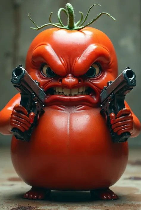 Angry tomato holding two guns