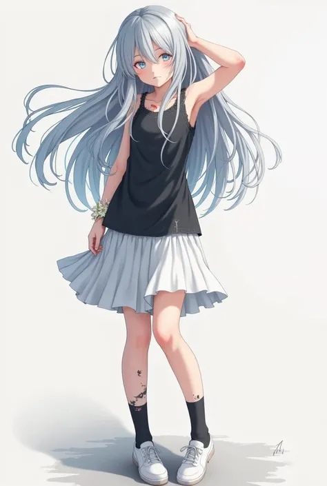 Teenager, Girl, detailed, blue eyes, silver hair, long hair, left-side bangs, covers left eye bangs, lily bracelets, teared black tank top, teared white skirt, teared black socks, white shoes, wounded, scar left eye