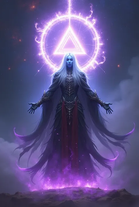 Crie Malakar, the Divine Demon God, with her light blue skin, cold and radiant, which contrasts with the brightness of the purple light that surrounds it. His white hair sticking up seems to float in the air, as if they were part of his colossal energy aur...