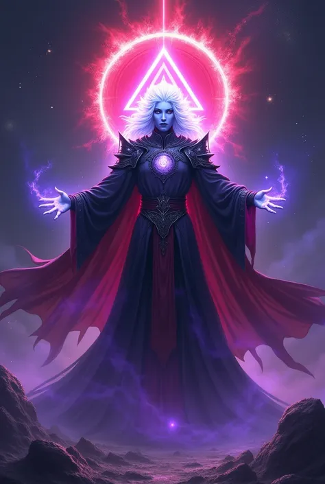 Crie Malakar, the Divine Demon God, with her light blue skin, cold and radiant, which contrasts with the brightness of the purple light that surrounds it. His white hair sticking up seems to float in the air, as if they were part of his colossal energy aur...