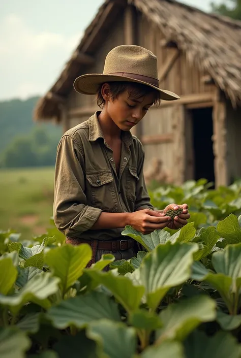 country boy cutting tobacco in front of his wattle and daub house