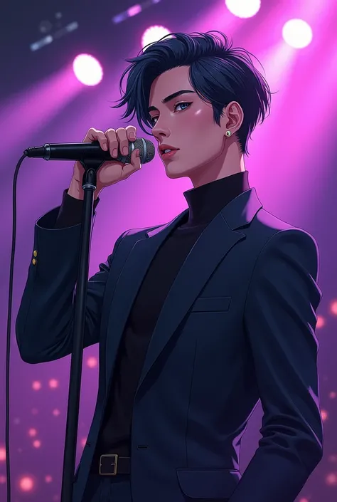 A proper handsome anime mail  singers microphone, with blurred background lights from a concert stage. 