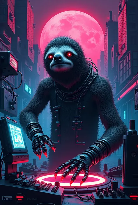 poster for a rave called "LAZY TRIP: experimento 01", add mad scientist movie elements, cyberpunk aesthetic, scary android sloth doing experiments in a CDJ
