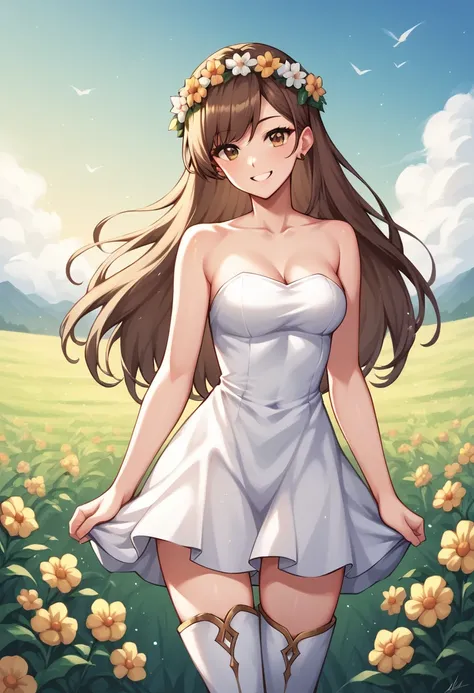 score_9, score_8_up, score_7_up, score_6_up, score_5_up, score_4_up, source_anime, 1woman,lora:amber1-000008:1>, amber5star, upper body, smile, worth, brown hair, a wreath of flowers, long hair, brown eyes, white dress, thigh high boots, thin legs, looking...