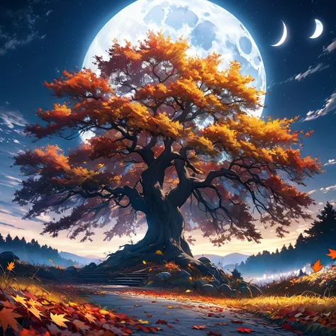 At night, Only the moonlight shines, Distorted Moon, Beautiful large autumn tree nearby, Autumn leaves scattered on the ground, Beautiful and beautiful, movie, high detail , 8k