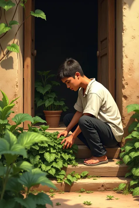 country boy in a white shirt and black pants on the stairs cutting tobacco in front of his house made of adobe and clay