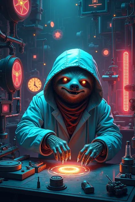 poster for a rave called "LAZY TRIP: experimento 01", add mad scientist movie elements, cyberpunk aesthetic, scary mad scientist android sloth doing experiments in a CDJ