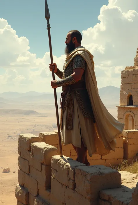 An ancient Israeli soldier mounted on a watchtower keeping watch 
