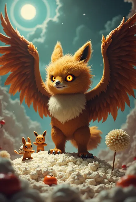 Merge the Pokémon, Eevee Pikachu, and Eagle And give it evil wings, and make sure it has whipped cream on a ted with pumpkin pie eyeballs and an Afro and give it an 80s hairstyle with gingerbread man and cake

