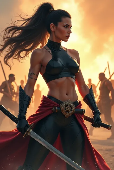 a human, with super powers that is a woman and that is people fighting in the distance and has a katana but that the woman is not attached to my image that the image says unstoppable forces That has a group of friends 