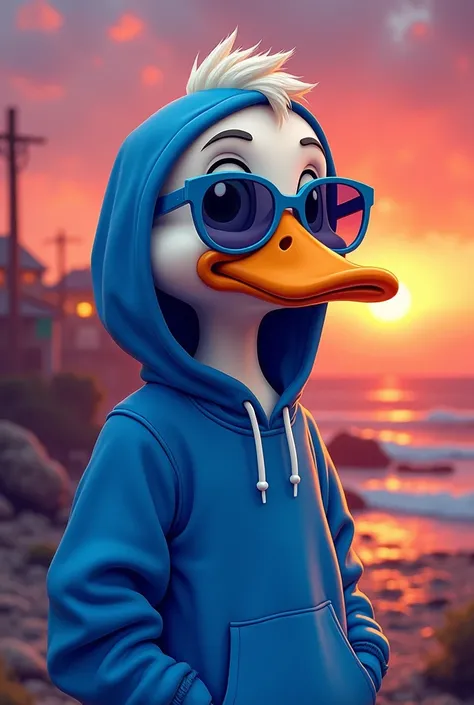 First of all, I want to use a lot of blue as a character overall. I want the character to resemble a duck a lot, even though he&#39;s human. His facial features are similar to a duck. He&#39;s wearing a hoodie, and I think the hoodie should be blue. Draw a...