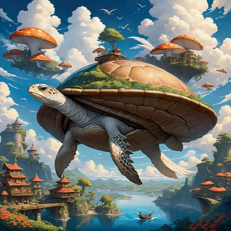 An enormous, fantastical creature that resembles a giant sea turtle, but on a massive scale, serving as a living airship. Its body is covered in soft, white feathers, and its head is adorned with elegant feather ridges that sweep backward. The creature has...