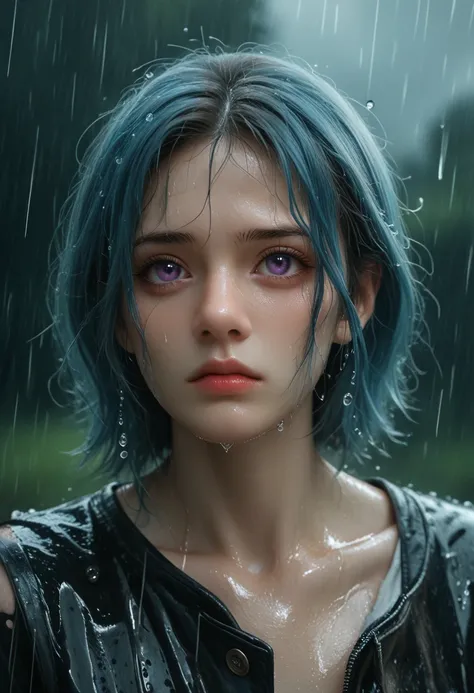 In this striking portrait, a woman stands under the relentless downpour, the rain cascading down her face and soaking through her clothes. Her hair, drenched and clinging to her skin, frames her face in wet tendrils. Droplets of water glisten on her skin, ...