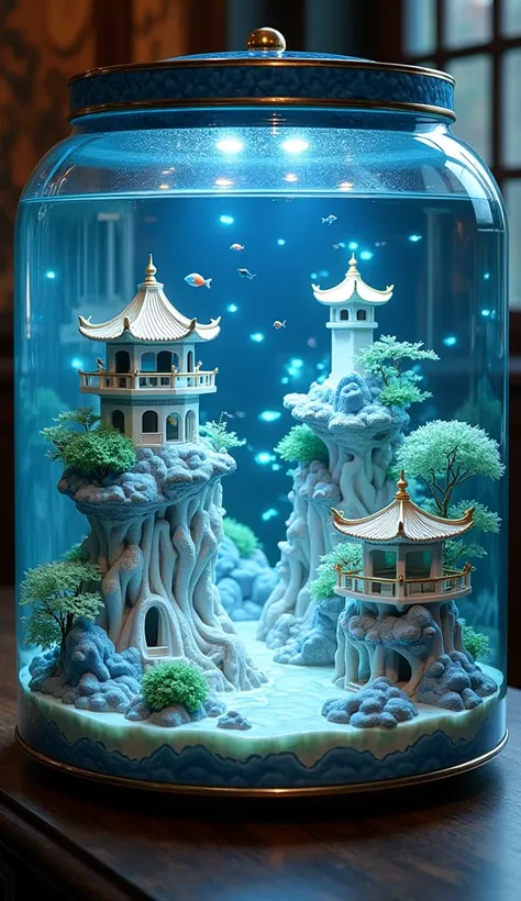 A big fish tank with real,miniature,Three-dimensional blue and white porcelain miniature landscape，Gold enamel，Jade Chinese Ancient Architecture，Luminescence，quilt，Transparent glass texture，Ceramic texture，,生物Luminescence效果，Blue and white，Minimalist compos...