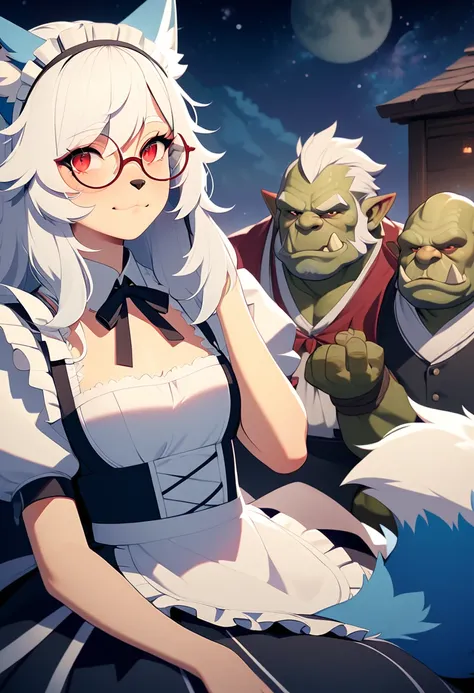 (,high resolution,masterpiece:1.2),Cute teenage characters,Shota,fox，hairy，hairy的，White hair，Covered with hair，Beautiful and delicate red eyes,柔软的White hair,Round glasses,Hiding the ears,The fur is white，Hair covers the ears,White bangs,White hair，Orc Boy，...