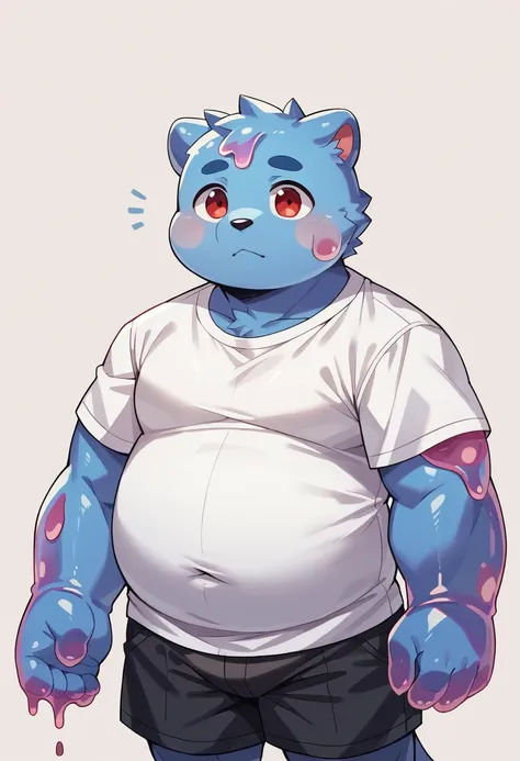 New Jersey 5 Furry,((Slime Wolf))，Solitary，Wildlife，Strong body，Chubby，Transparent，Thick Arms，luxury，Chubby cheeks，Lovely，Young，(Black shorts,White shirt)，Red Eyes，Simple background，From Zixiong, Takemoto Arashi