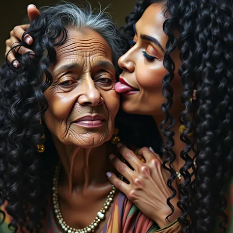 A cinematic close-up of 20 indian women with their black long, intricately 3c curly coiled hair,absorbed 1000000 liters of oil poured paste thier curly.The older woman,70, has her tongue out,her lips brushing against the younger womans scalp. The younger w...