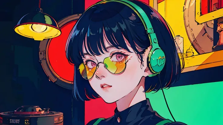 Beautiful Korean Women, One Woman, Black Hair, headphone,in the cafe, midnight tokyo, neon, window, Wearing sunglasses.Room turntable, In the style of neon realism, Charming character, action, Gadget Punk, solapunk, Colorful cityscape, Crimson and amber, N...