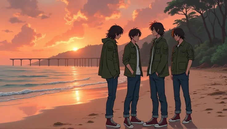 Ghibli style,Malaysia, ,((The background is the beach beside a highway, sunset)),((Men, long black hair, green army jacket with dark blue jeans with cuff and converse high cut))