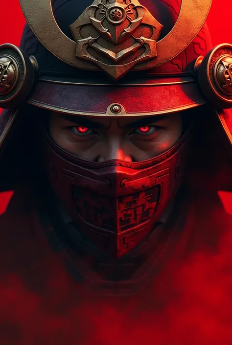 Create a picture of a masked samurai&#39;s face in the style of hq art red coloring 