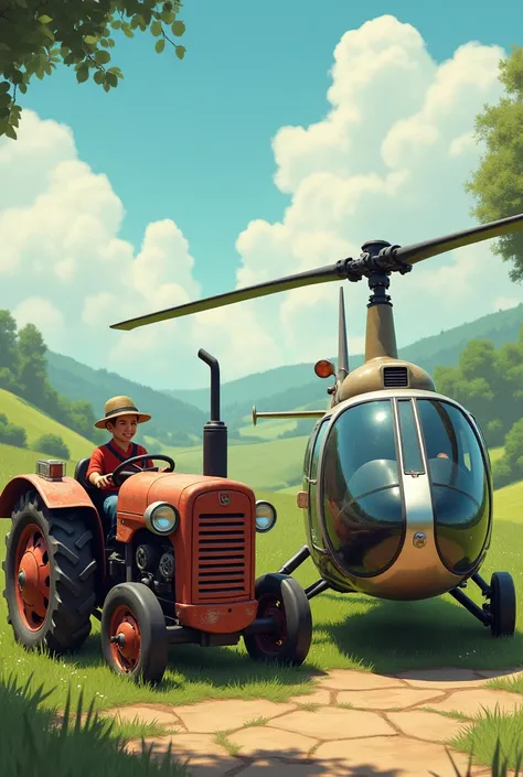 A  small tractor and   helicopter side by side picture 