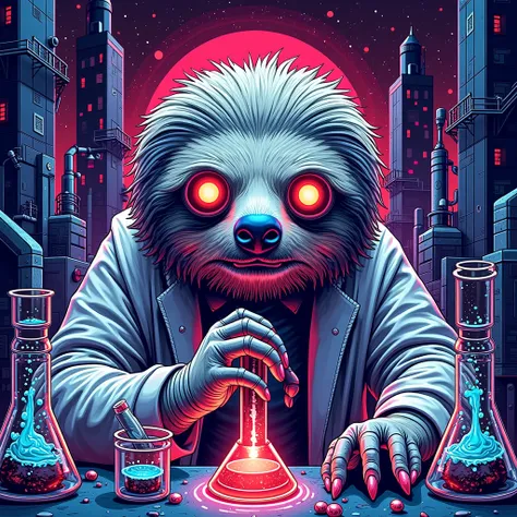 poster for a rave called "LAZY TRIP: experimento 01", add mad scientist movie elements, cyberpunk aesthetic, scary mad scientist android sloth doing chemical experiments 