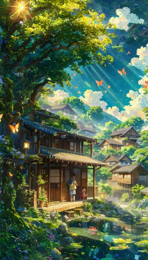 A house in a peaceful Japanese countryside, lush green trees, cool summer, sparkling sunlight, small pond, wild flowers all around, lots of clouds, warm sunshine, wind, three children sitting on the porch, anime scenery of a small village with a pond and b...