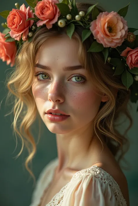 девушка в цветочном венке, (best quality,highres,masterpiece:1.2),ultra-detailed,photorealistic:1.37,portrait,beautiful woman,curly hair,freckles,detailed eyes,detailed lips,dirty blonde hair,vibrant colors,soft lighting,studio setting,feminine,pensive exp...