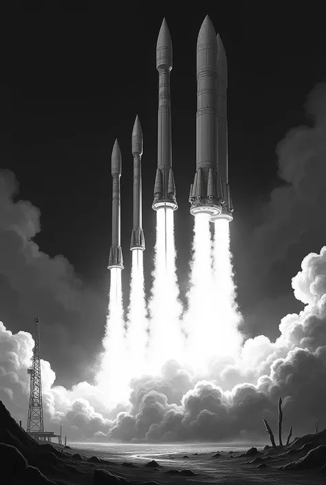 I want a very detailed drawing of rockets taking off, in black and white