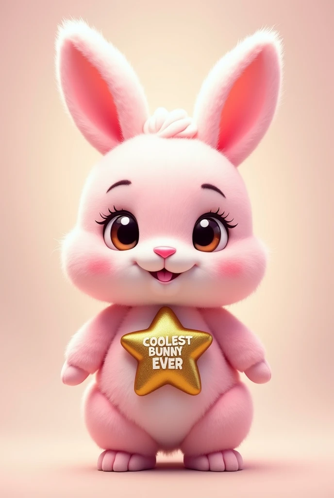 Create a picture of a cute light pink bunny with big bright eyes and a charming smile. He should be wearing a little costume with a gold star on his chest that says Coolest Bunny Ever.  