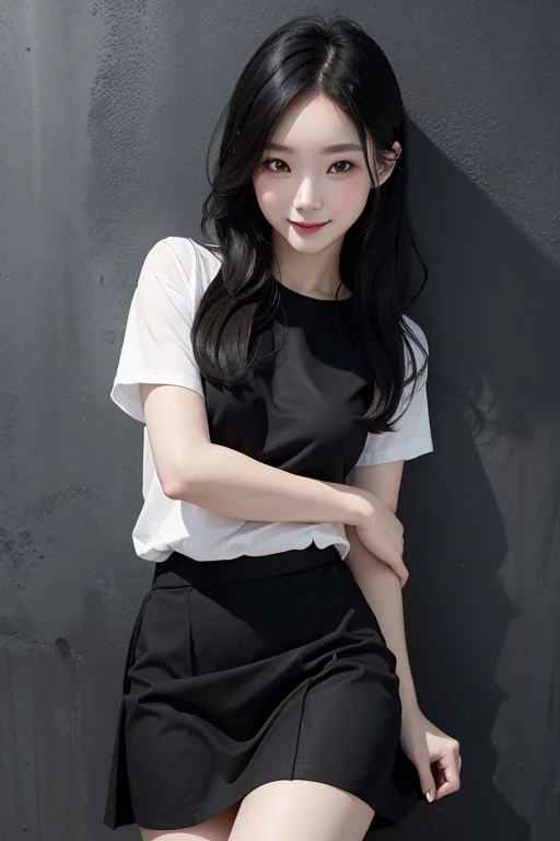 1 pretty girl, white skin, black shirt, Black skirt , subtle smile , black lips, slight air of mystery