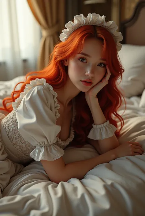 woman(Red Hair、Maid uniform、Lying on the bed)