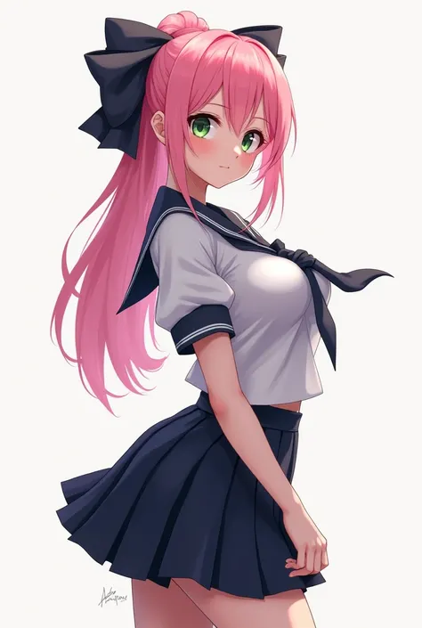 Girl with pink hair bow, Big breasts, school uniform, pose 