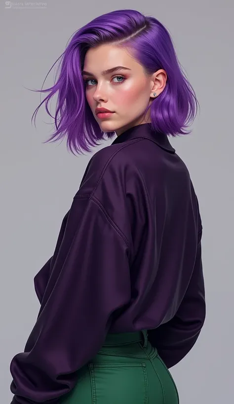 Girl, purple hair, Womens hairstyle with shaved, Dark purple sweater, green pants, 