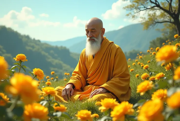 Image of yellow roses in a beautiful landscape with a wise monk 