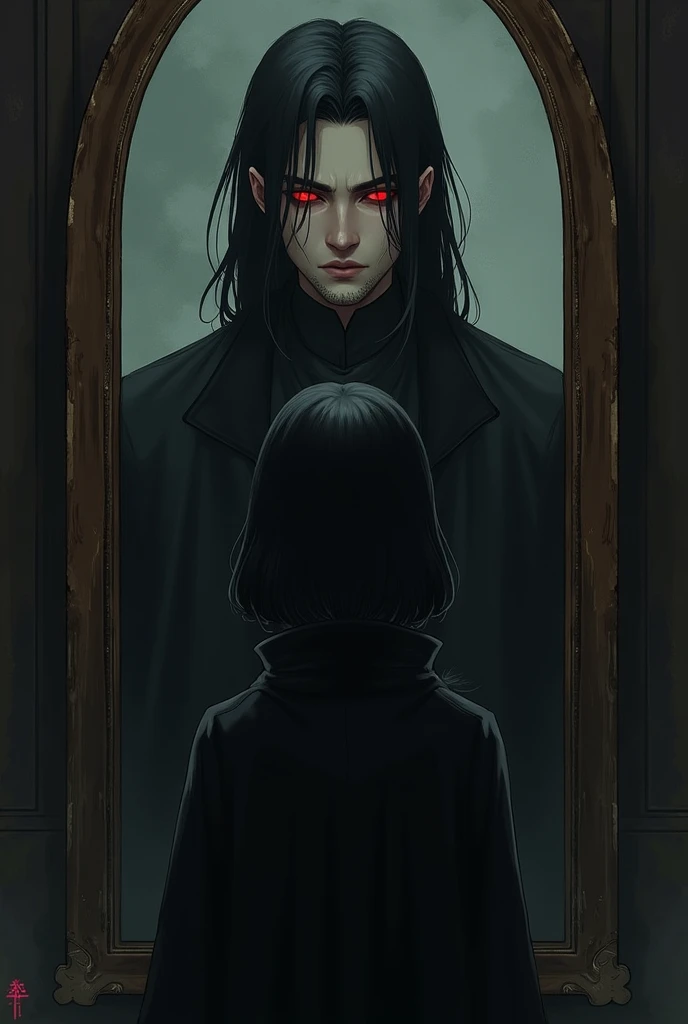 1man, 1girl, father and daughter 
man has shoulder-length black hair, glowing red eyes and a slight stubble, wearing dark regal clothes
girl has shoulder-length black hair, red eyes and wearing a black cloak 
the girl is looking in the mirror, her back to ...