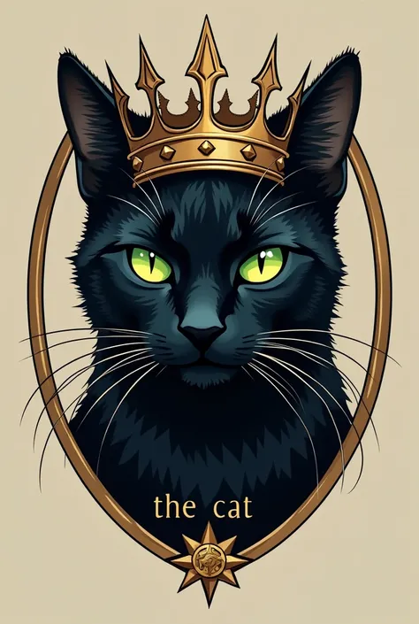 Create a logo of a black cat with green eyes wearing a golden king&#39;s crown, with the name of "The cat" at the top and at the bottom the name of "reyes"