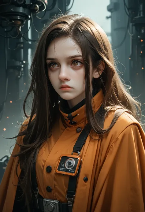 Long haired white 1 girl in military costume, Orange cloak, big brown eyes, Science fiction, gloomy mood, charternerv2