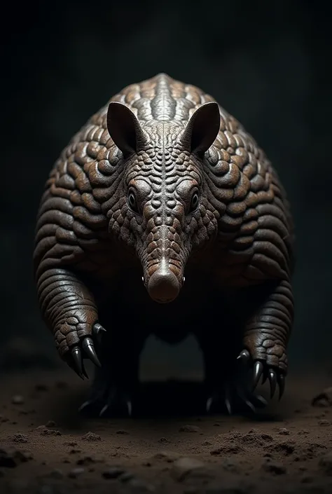 make a logo of an armadillo wich is drinking some beers and looks kinda terryfingm make him facing front looking right in my eyes, make it more cartoonic, now less cartonic, make realistic, more evil, make him more evil, bigger and more malefic, also remov...