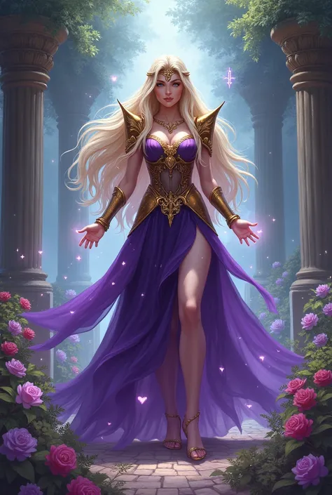 "Elara, the daughter of Isolde Valaris and Queen Lysandra Athenia, stands in a magical garden filled with glowing flowers and ancient columns. She has long, flowing golden hair and wears a regal gown blending royal purple and gold armor, symbolizing her po...