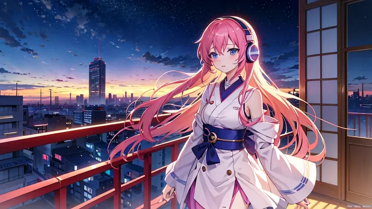 anime With a girl headphones looking out a window at a city, praise (Masterpiece)、(Best Quality)、With a girl、Listening to music on the balcony of an apartment Night sky Foreign Japan、satin、Anime manga style、 By Shinkai Makotogirl,Anime atmosphere, praise a...