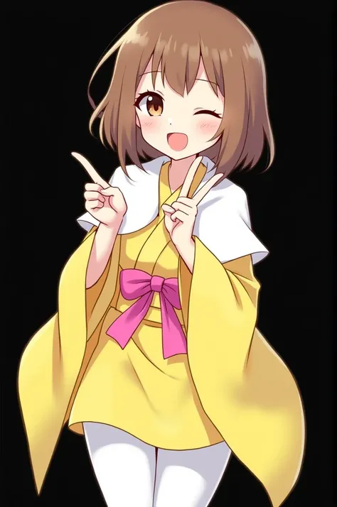 Ai Amano, 1girl, solo, short hair,   brown  hair, wink 1 eye, making peace sign with the hand, smile, open mouth, brown eyes, yellow short kimono white pantyhose white capelet pink obi pink bow, simple background, upper body, black background